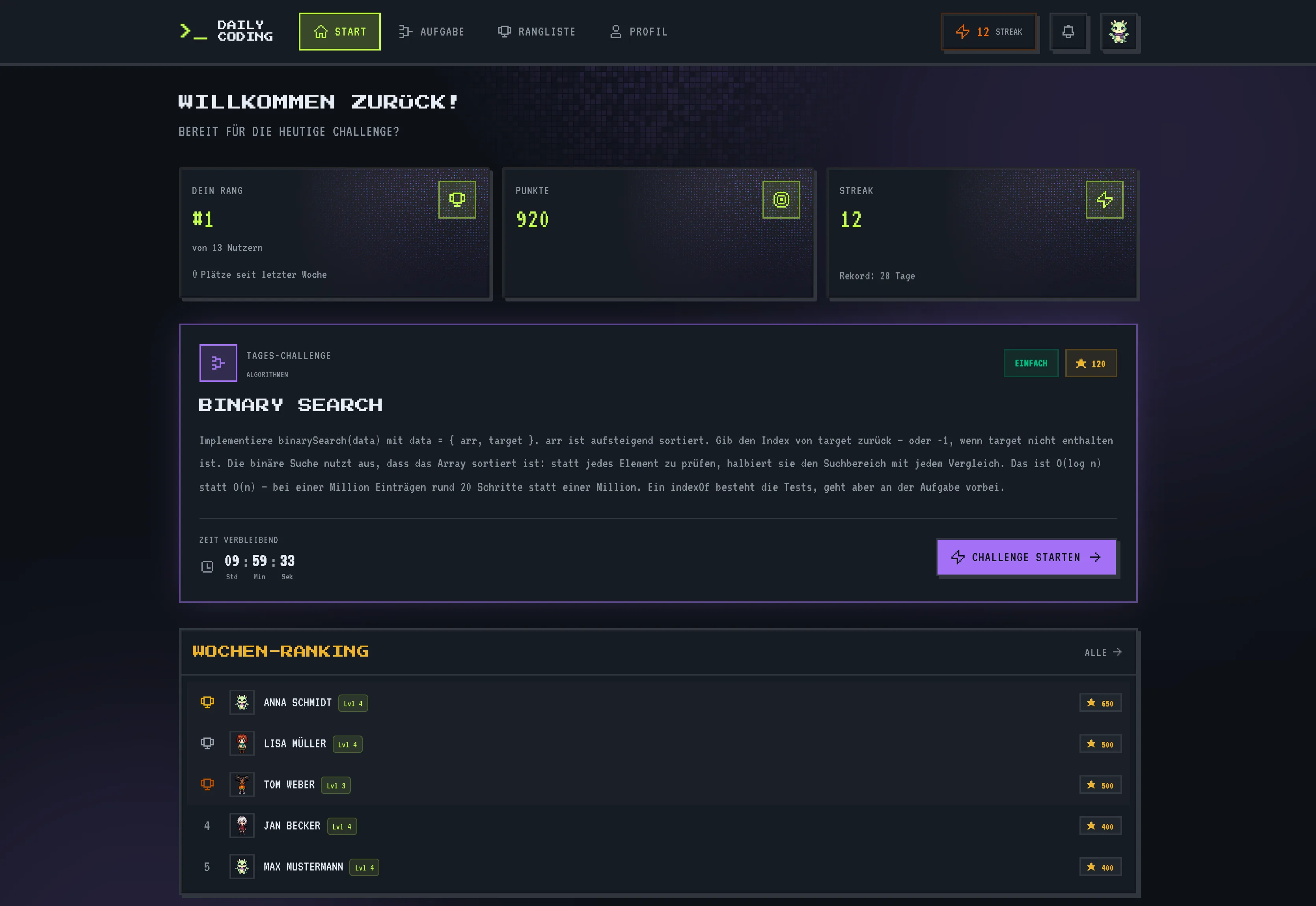 Das Dashboard von Daily Coding mit Rang, Punkten, Streak und der heutigen Challenge